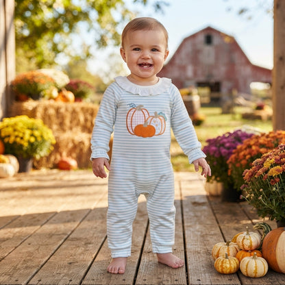 Long sleeves stripe pumpkin embroidery girls fall romper