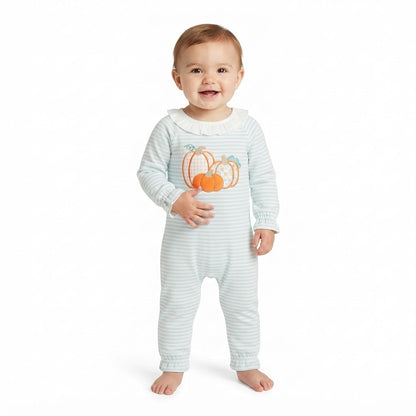 Long sleeves stripe pumpkin embroidery girls fall romper