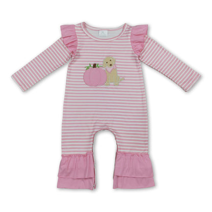 Pumpkin dog embroidery stripe baby girls fall romper