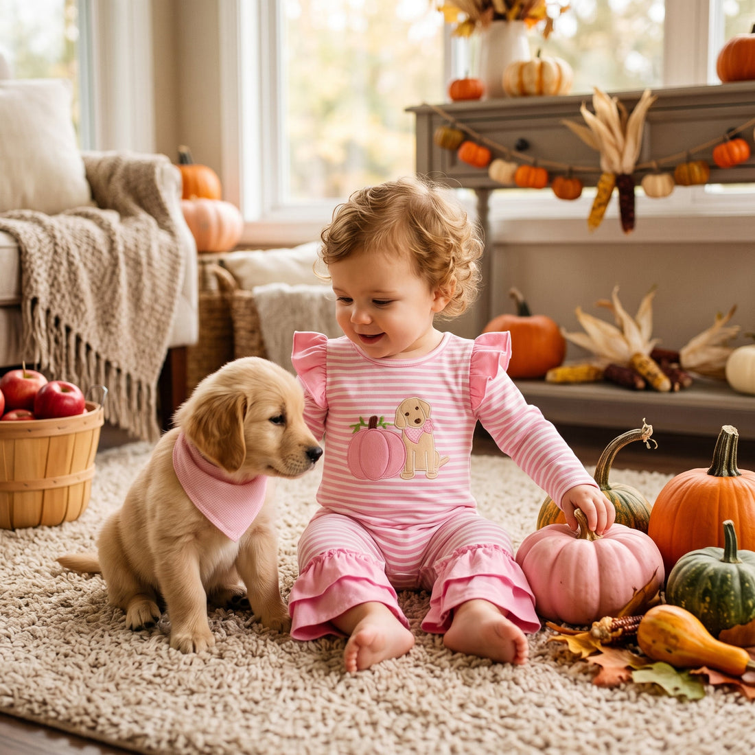 Pumpkin dog embroidery stripe baby girls fall romper