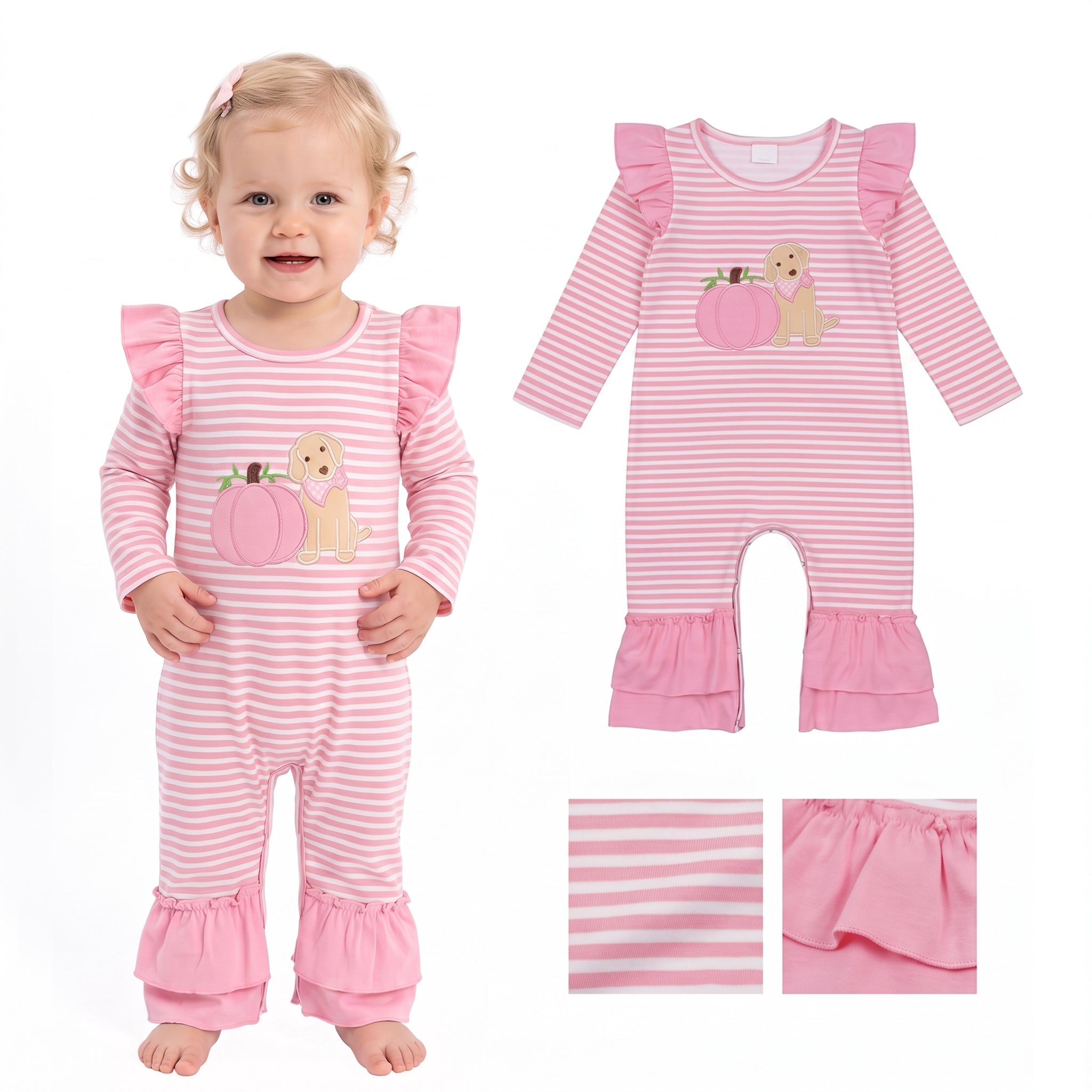 Pumpkin dog embroidery stripe baby girls fall romper