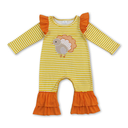 Stripe turkey embroidery girls Thanksgiving romper