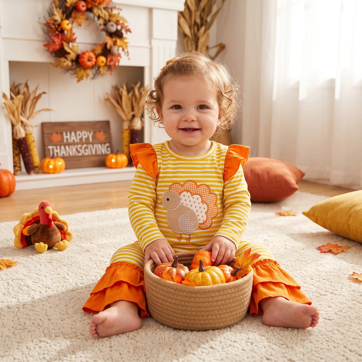 Stripe turkey embroidery girls Thanksgiving romper