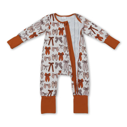 Brown bow baby girls Thanksgiving zipper romper