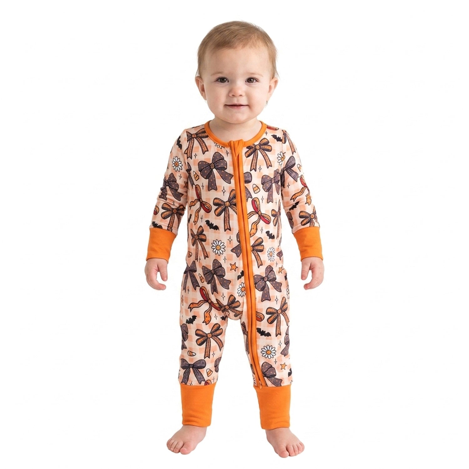 Plaid bow candy corn baby Halloween zipper romper