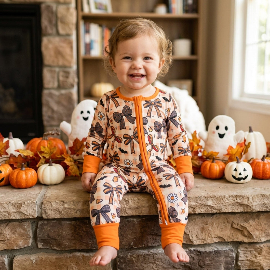 Plaid bow candy corn baby Halloween zipper romper