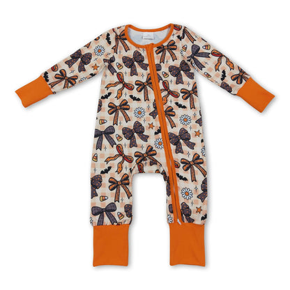 Plaid bow candy corn baby Halloween zipper romper