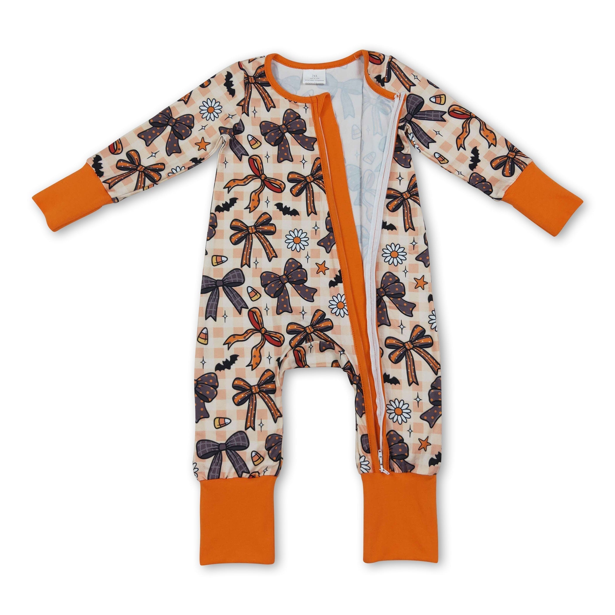 Plaid bow candy corn baby Halloween zipper romper