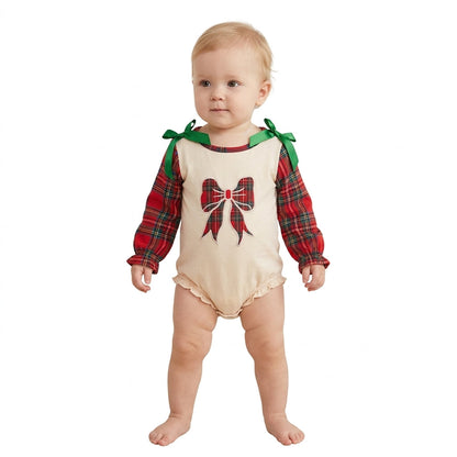 Red plaid bow long sleeves baby girls Christmas romper