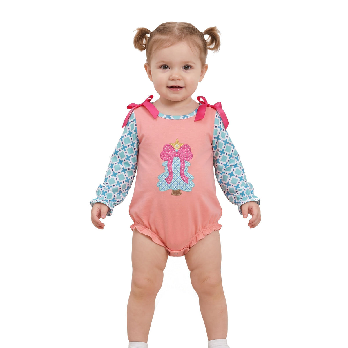 Long sleeves Christmas tree bow baby girls romper