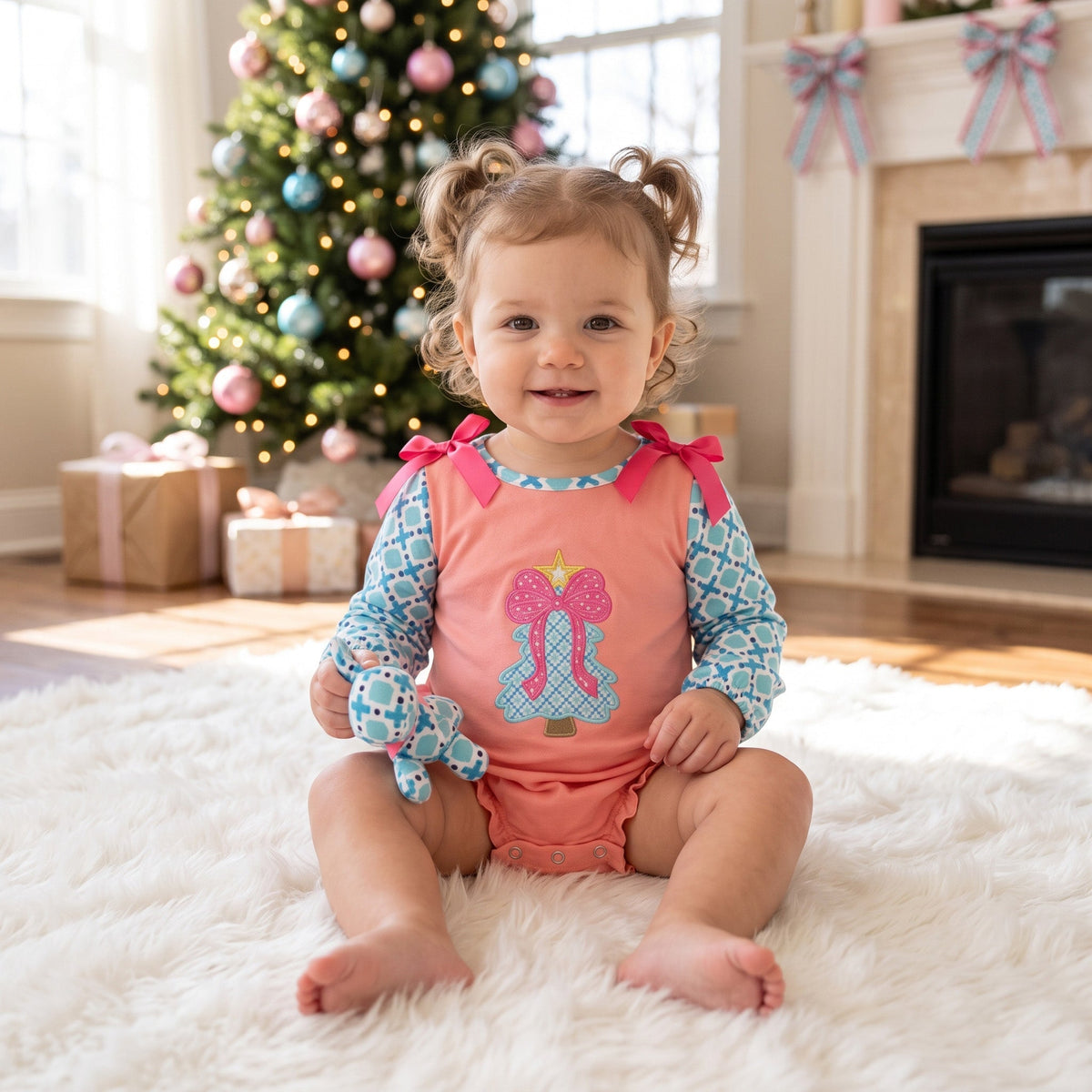 Long sleeves Christmas tree bow baby girls romper