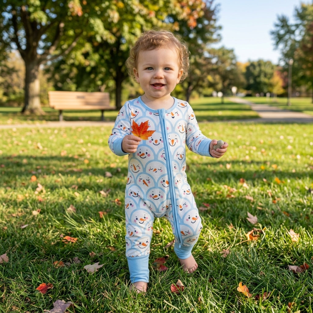 Blue snowman long sleeves baby boys zipper romper