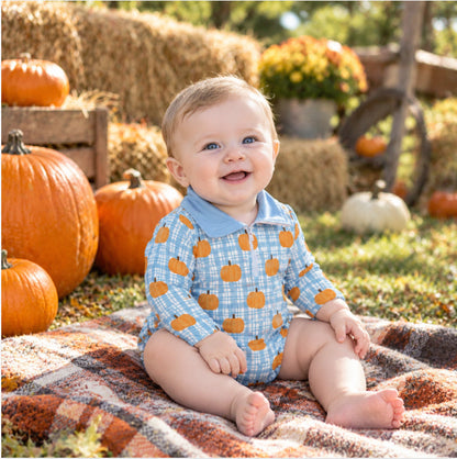 Long sleeves plaid pumpkin baby boy fall zipper romper