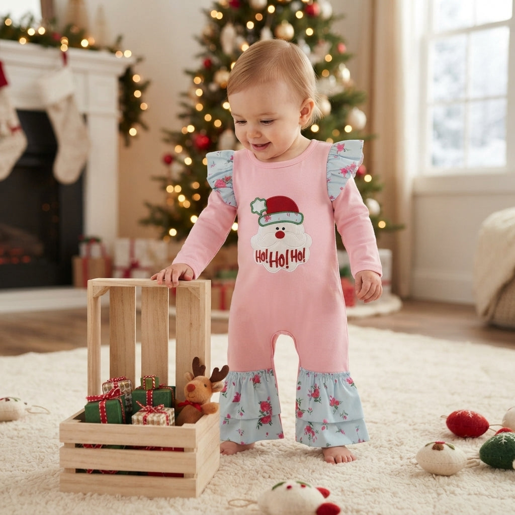 Ho ho ho santa embroidery girls Christmas romper