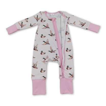 Long sleeves pink stripe duck baby girl zipper romper