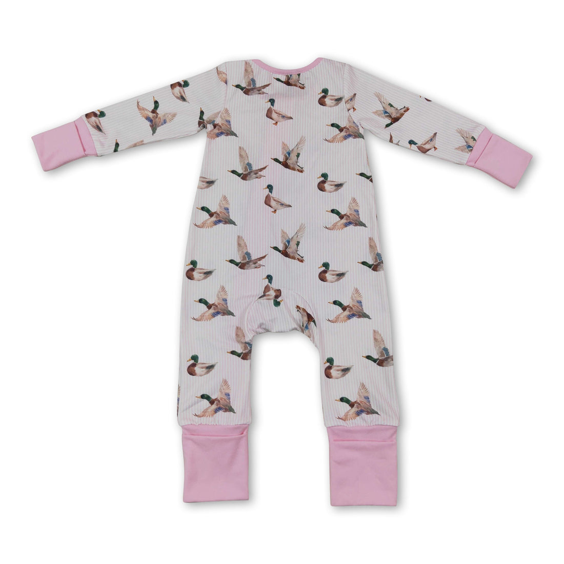 Long sleeves pink stripe duck baby girl zipper romper