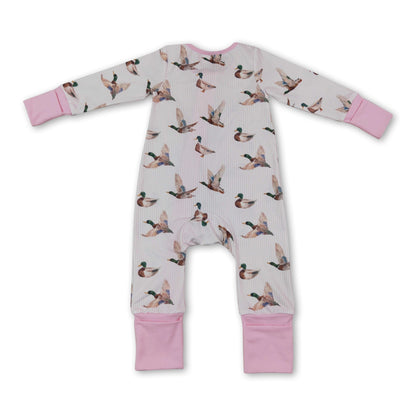 Long sleeves pink stripe duck baby girl zipper romper