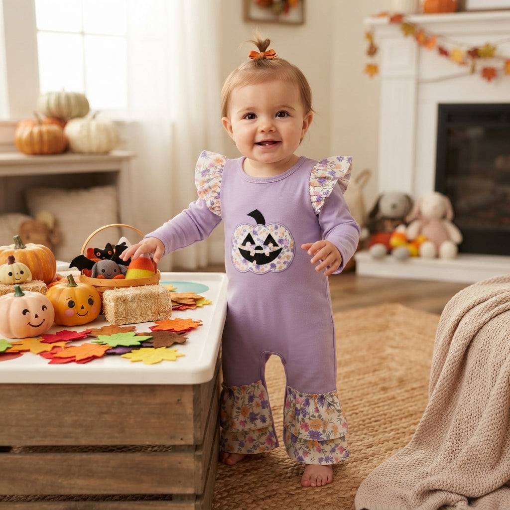Lavender pumpkin floral embroidery girls Halloween romper