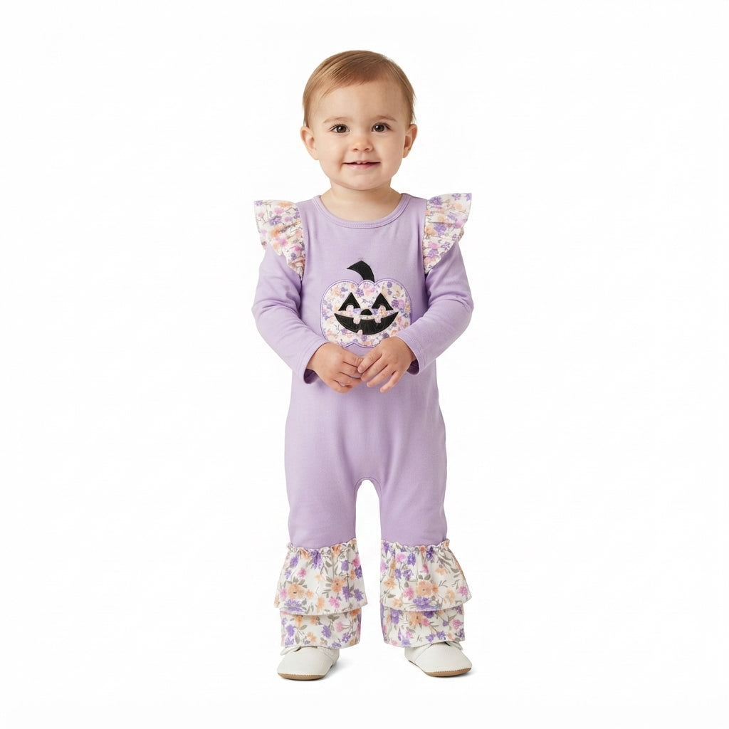 Lavender pumpkin floral embroidery girls Halloween romper