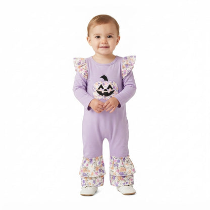 Lavender pumpkin floral embroidery girls Halloween romper