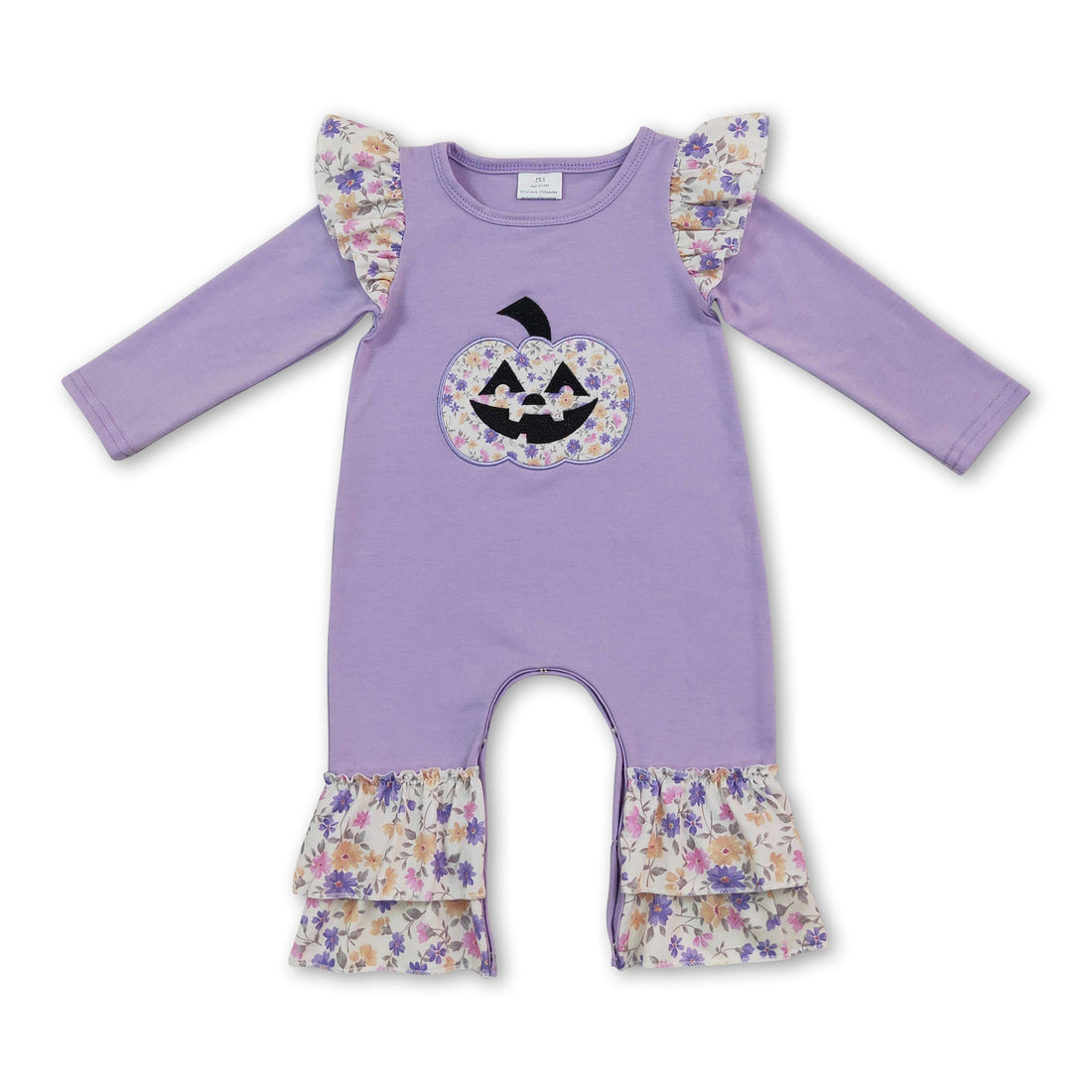 Lavender pumpkin floral embroidery girls Halloween romper