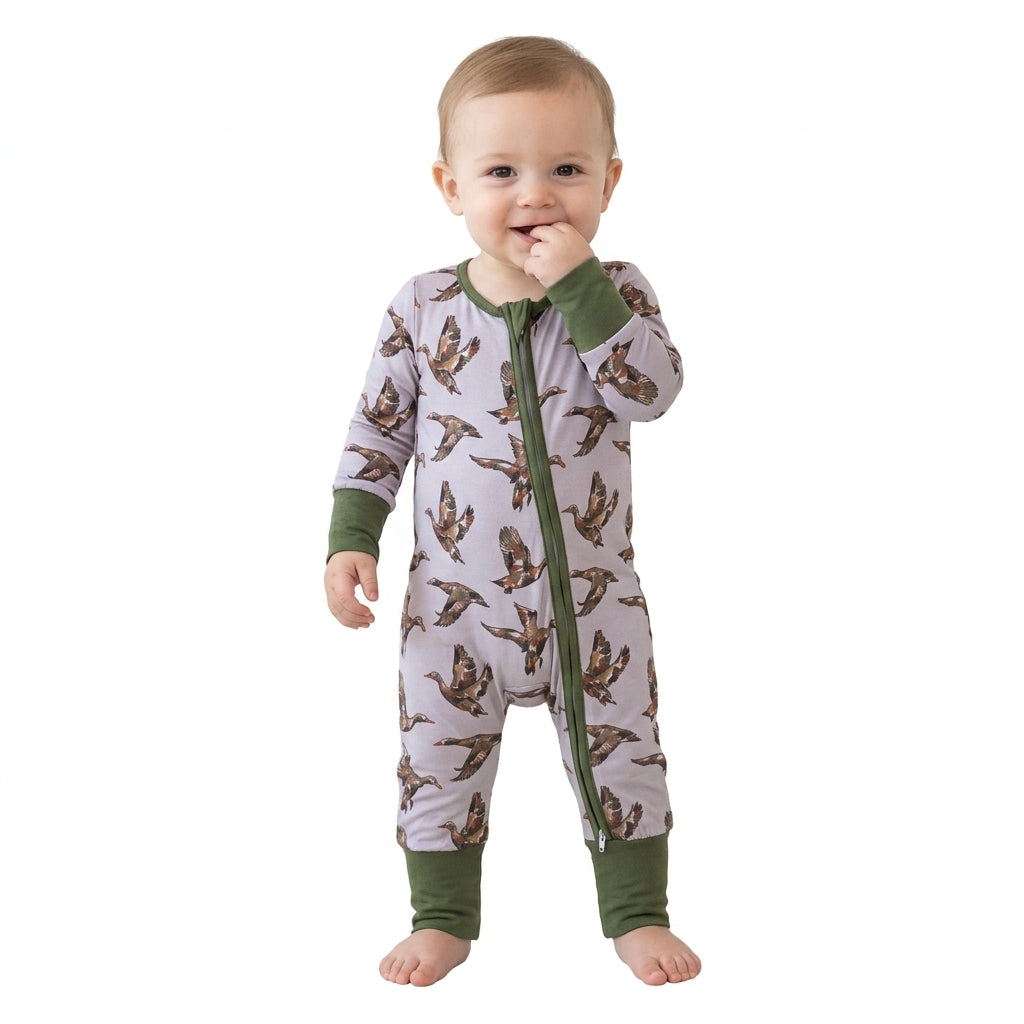 Green long sleeves camo duck baby boys zipper romper