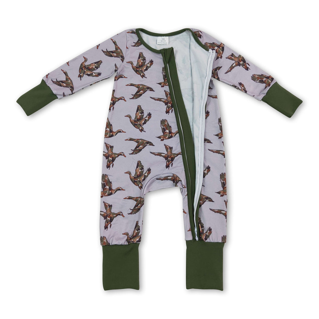 Green long sleeves camo duck baby boys zipper romper