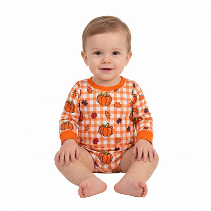 Long sleeves pumpkin plaid leaves baby fall romper