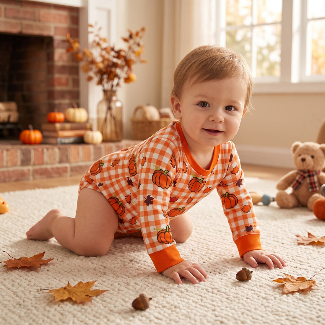 Long sleeves pumpkin plaid leaves baby fall romper