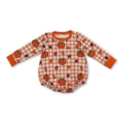 Long sleeves pumpkin plaid leaves baby fall romper