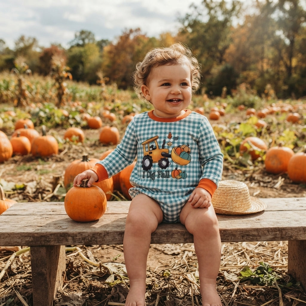 Long sleeves I dig fall pumpkin plaid baby boy fall romper
