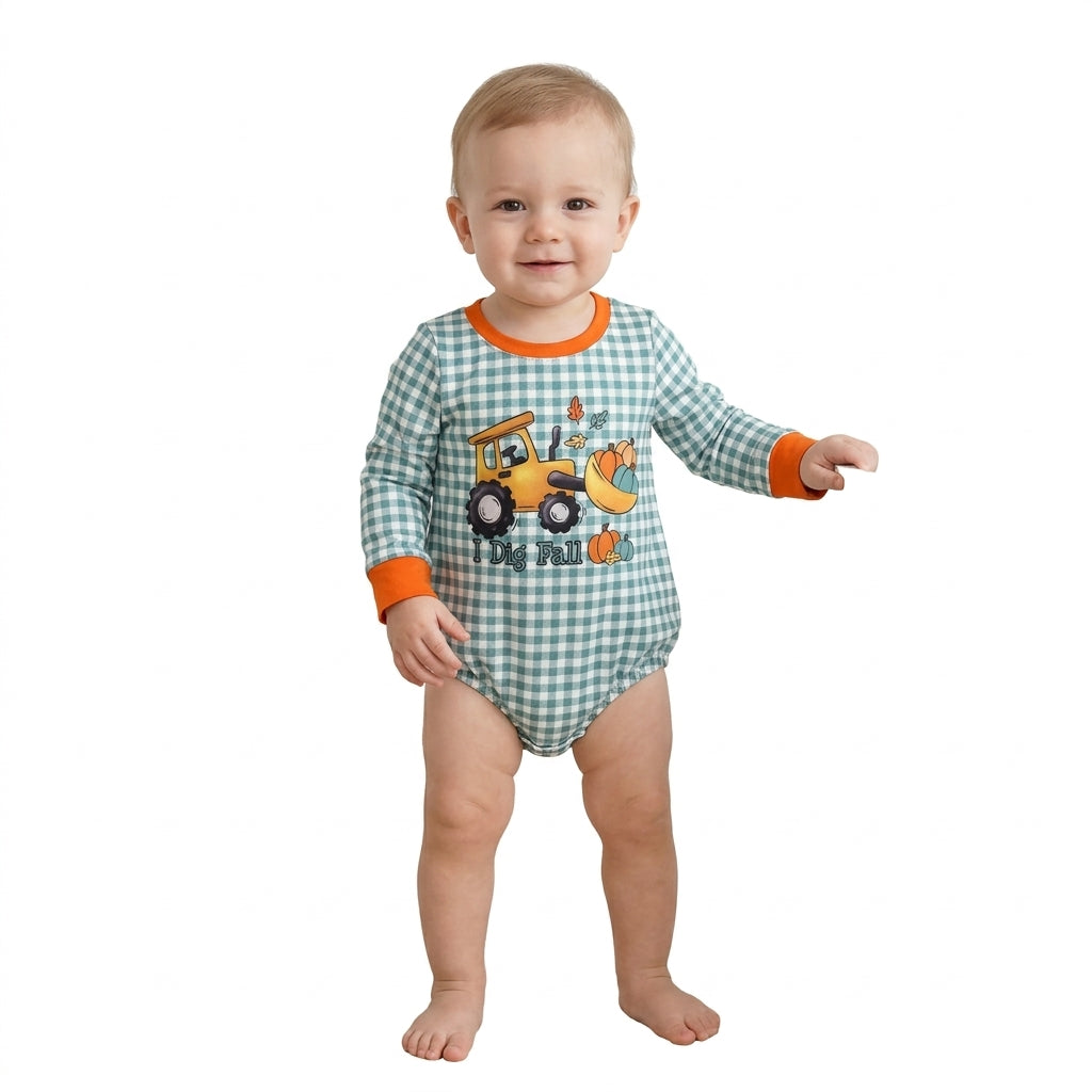 Long sleeves I dig fall pumpkin plaid baby boy fall romper