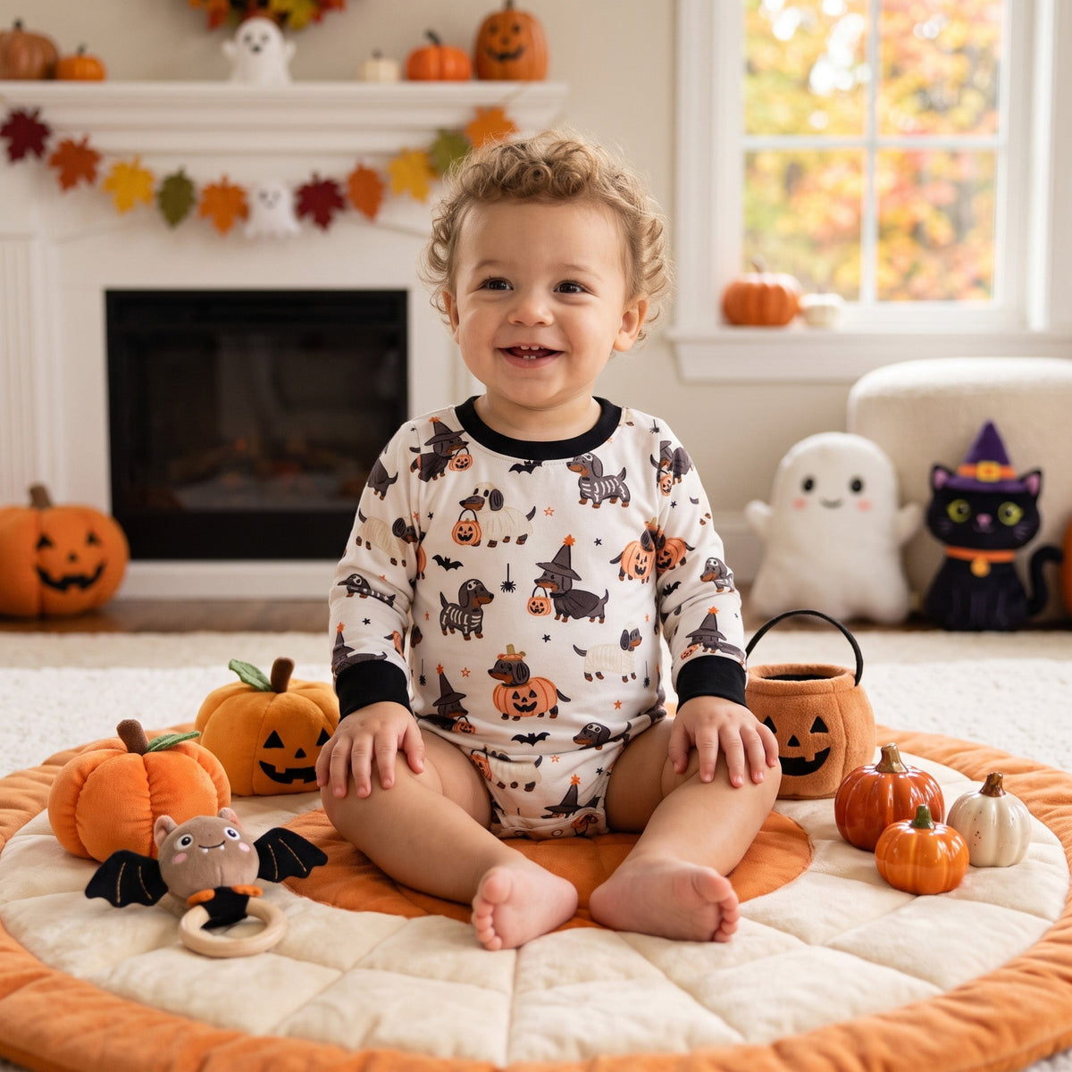 Long sleeves dog pumpkin baby Halloween romper