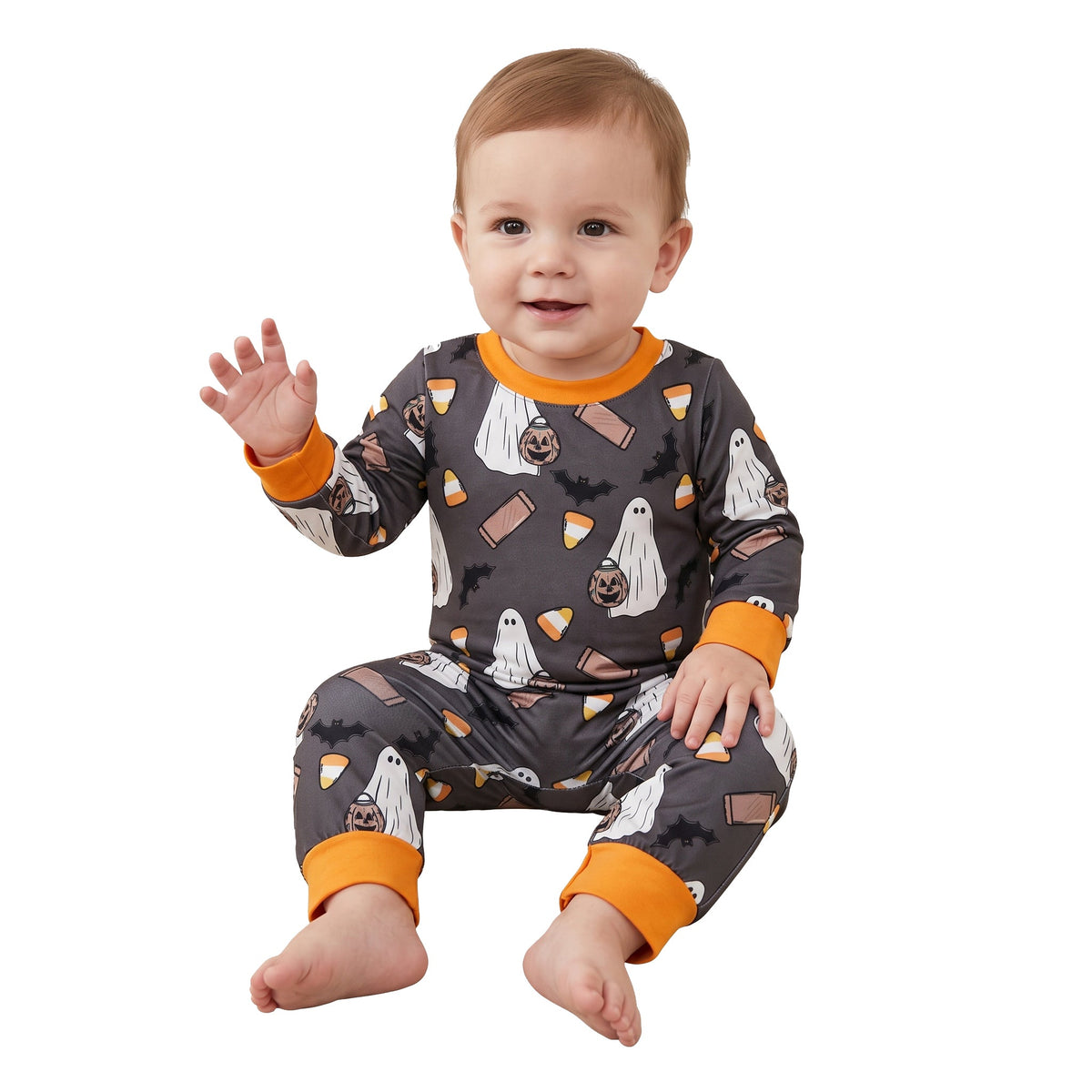 Long sleeves ghost candy corn boy Halloween romper