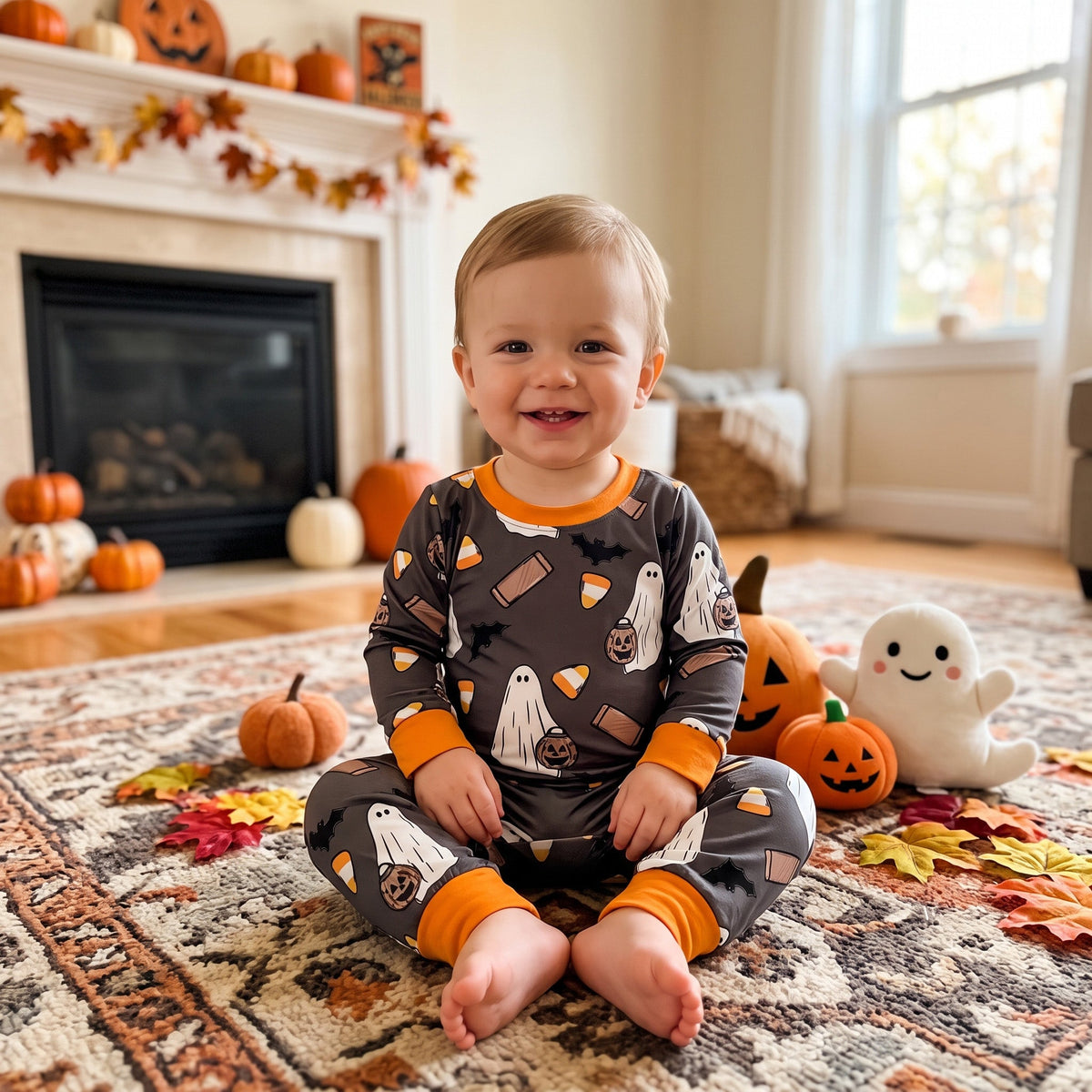 Long sleeves ghost candy corn boy Halloween romper