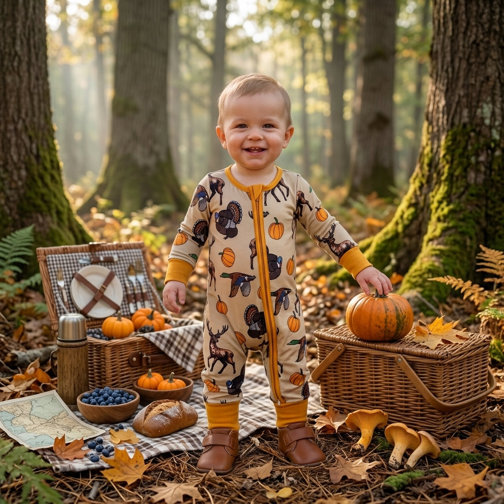 Duck deer turkey pumpkin baby boy fall zipper romper