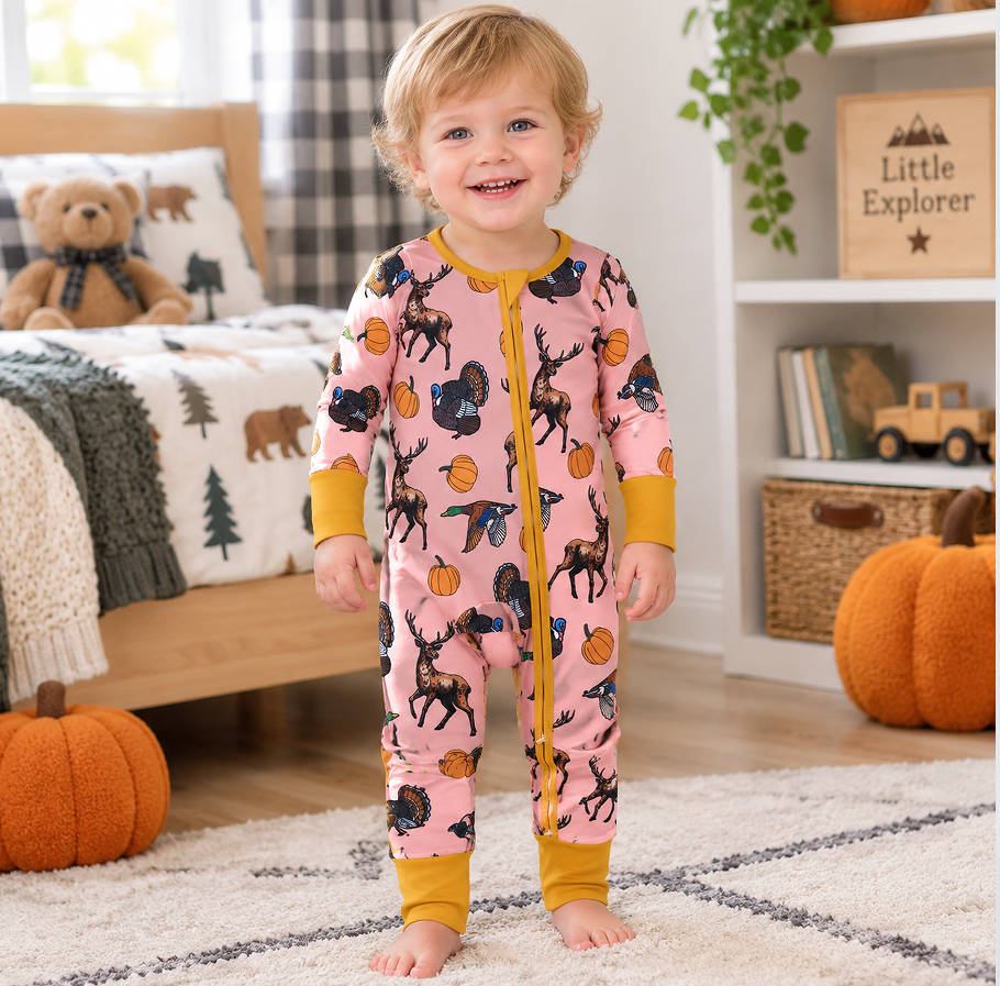 Duck deer turkey pumpkin baby girl fall zipper romper