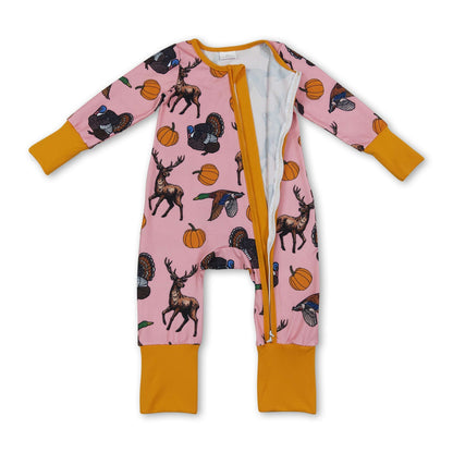 Duck deer turkey pumpkin baby girl fall zipper romper