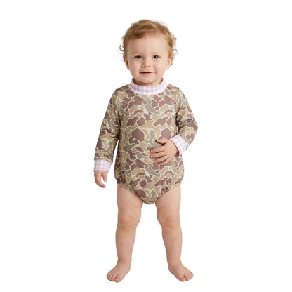 Pink plaid camo long sleeves baby girls romper