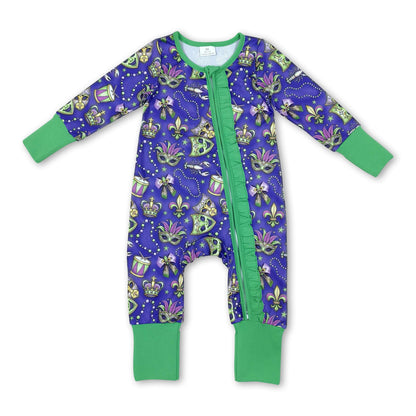 Necklace bow ruffle baby girls Mardi Gras zipper romper