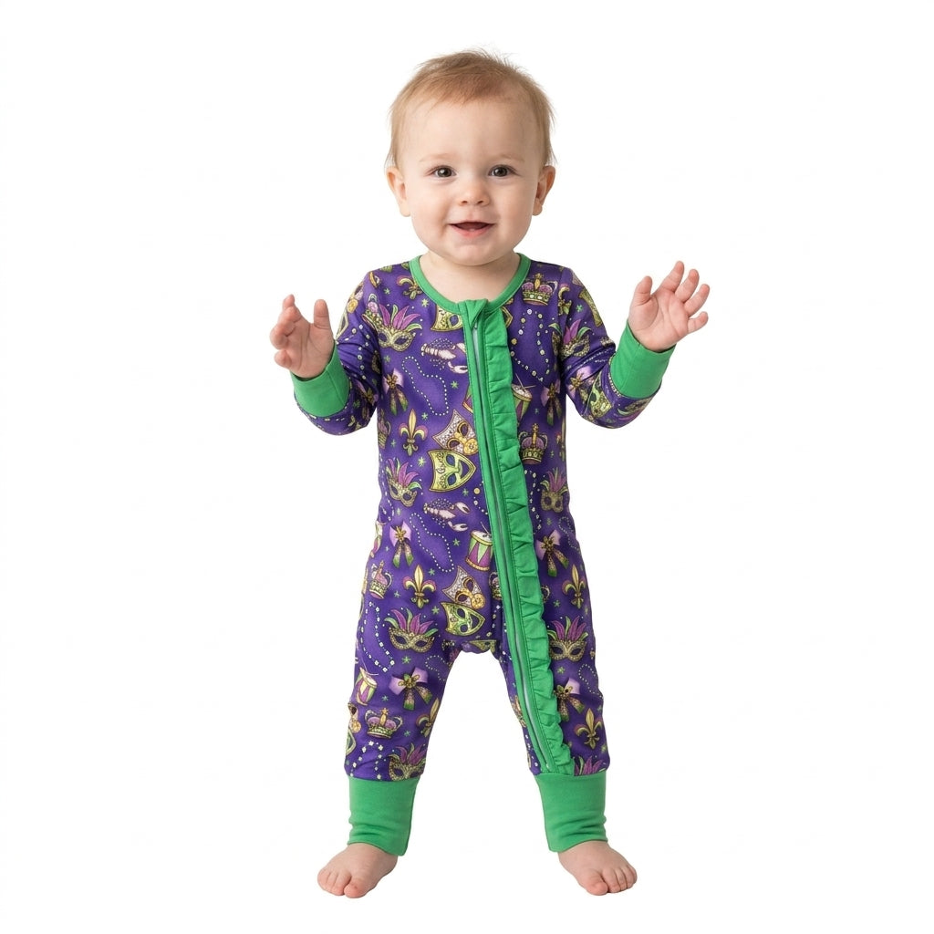 Necklace bow ruffle baby girls Mardi Gras zipper romper