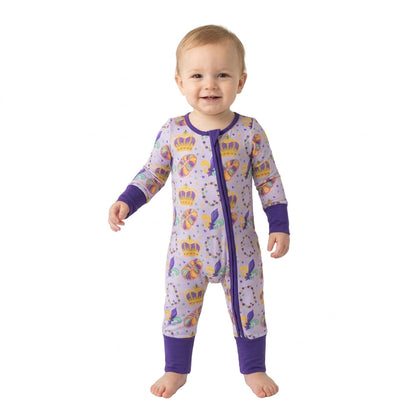 Purple ruffle crown donut girls Mardi Gras zipper romper
