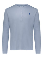 Blue long sleeve Mystic Henley shirt by White Water Life, featuring a comfortable fit and casual style.