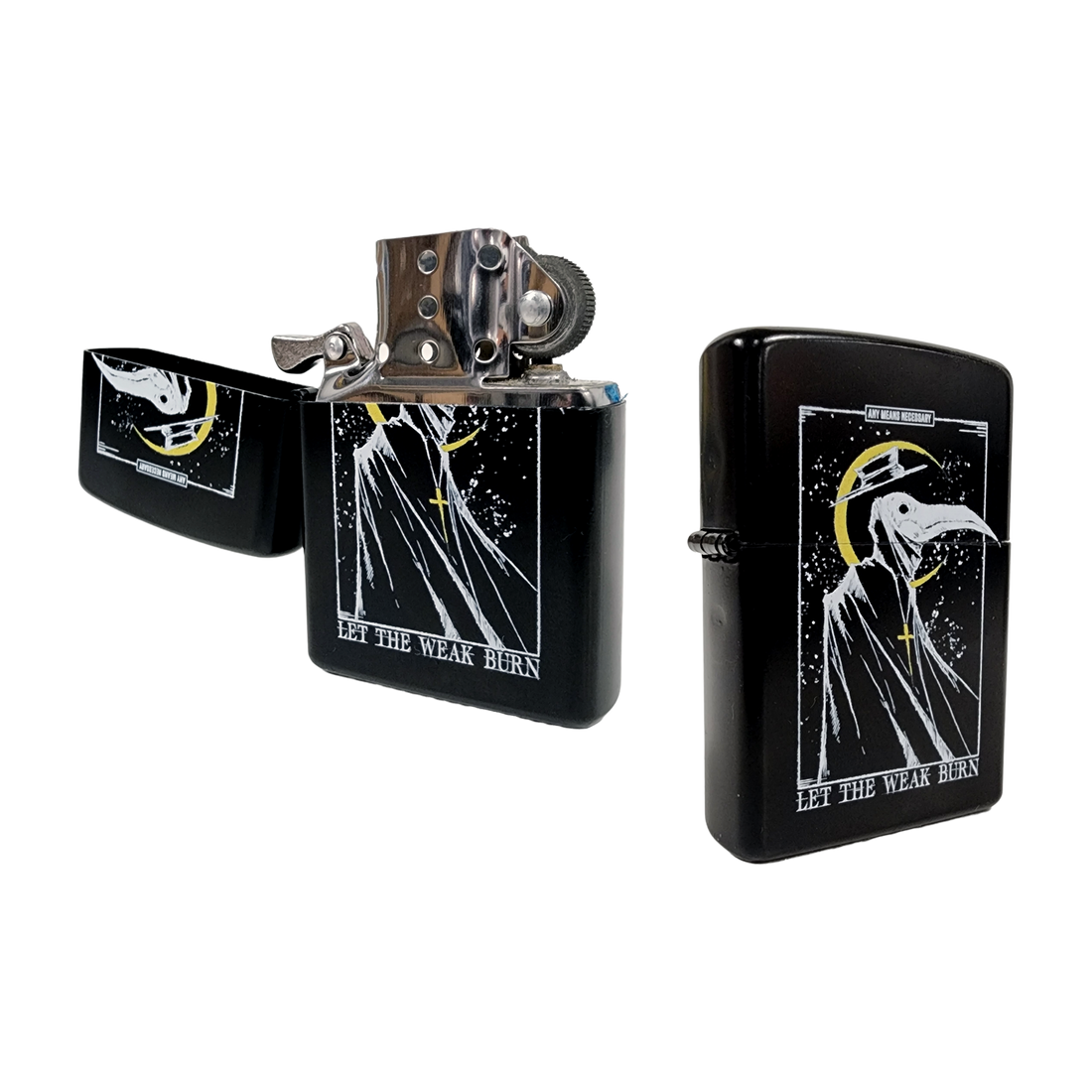 Let The Weak Burn lighter by Any Means Necessary Clothing, sleek black metal lighter with logo engraving visible in the image.