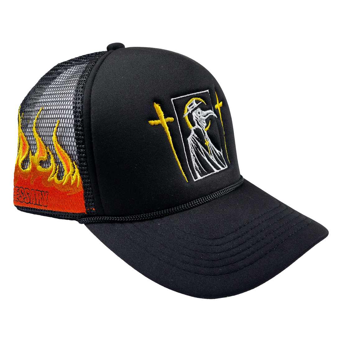 Trucker hat from Any Means Necessary Clothing with "Let the Weak Burn" embroidered design, shown from an angled side view.