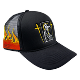 Trucker hat from Any Means Necessary Clothing with "Let the Weak Burn" embroidered design, shown from an angled side view.