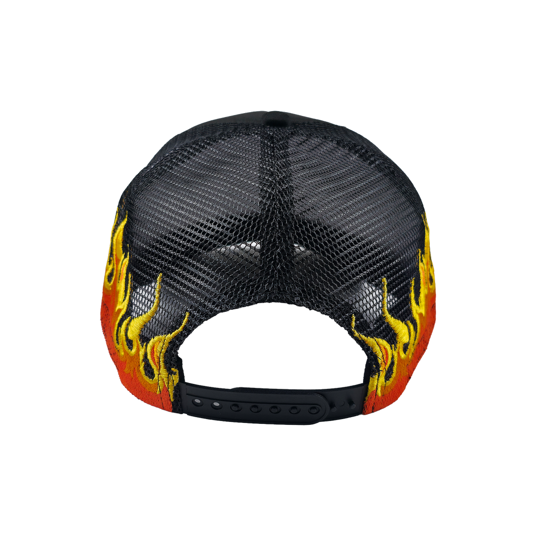 Back view of Any Means Necessary Clothing Let the Weak Burn trucker hat with mesh back and adjustable strap.