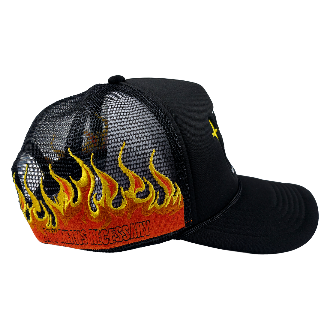 Side view of Any Means Necessary Clothing Let the Weak Burn trucker hat with mesh back and adjustable strap.