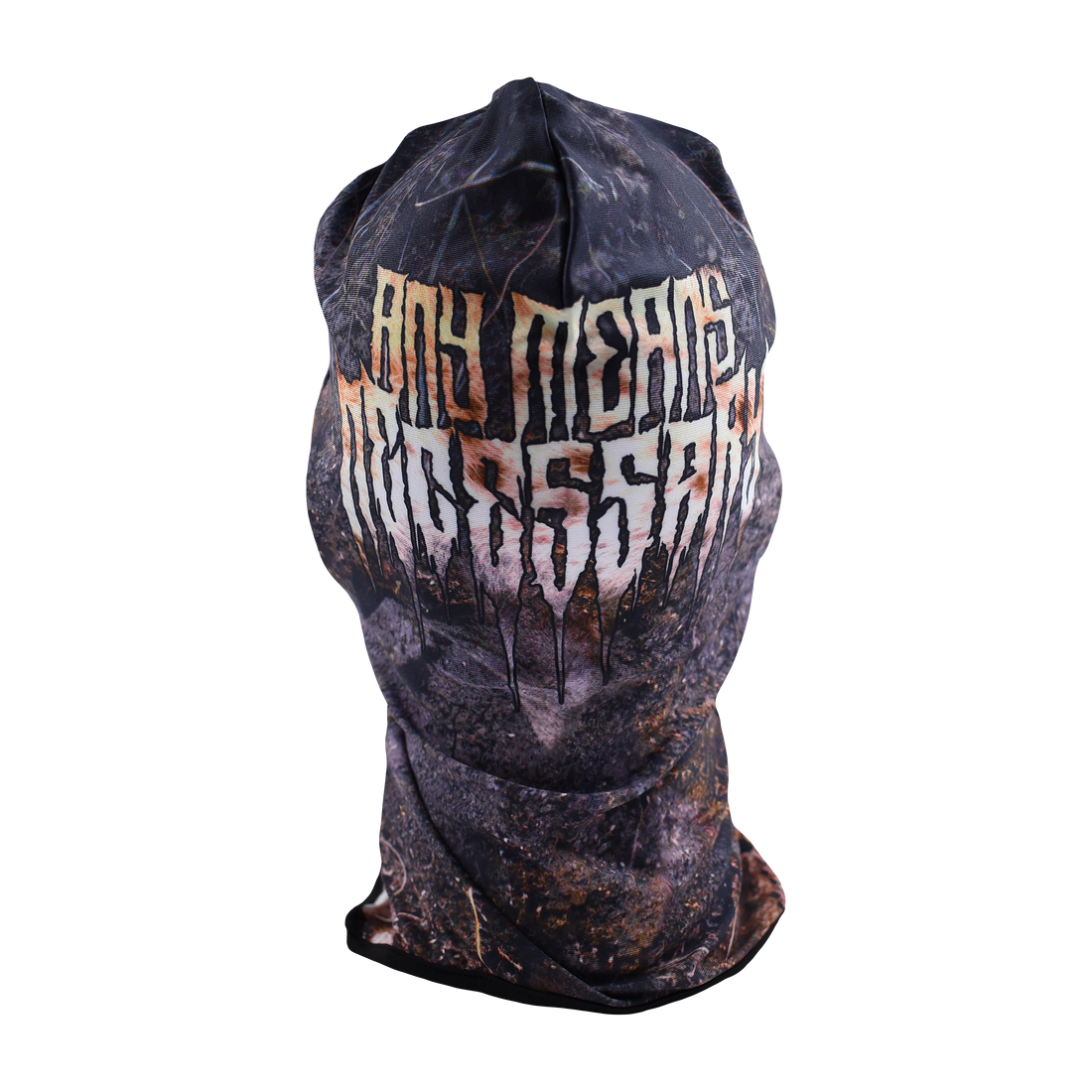 Black Last Stand Balaclava hat by Any Means Necessary Clothing, showing front view with full face coverage and snug fit.