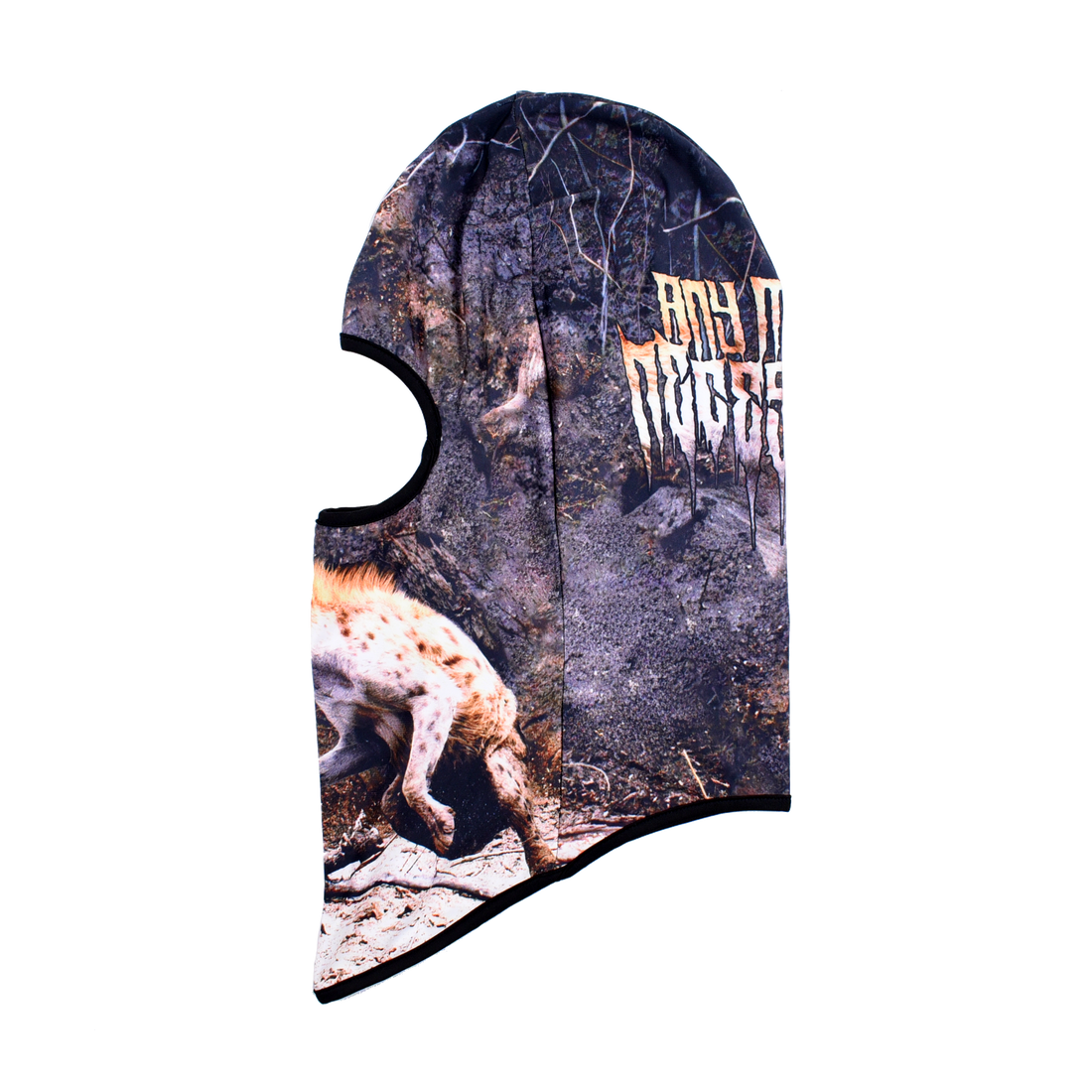 Last Stand balaclava hat by Any Means Necessary Clothing, showing a close-up of the black fabric and design details.